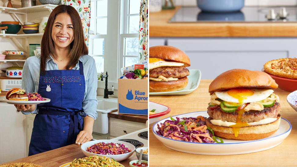 Left: Molly Yeh wearing a blue apron in a kitchen holding a plate of food. Right: A burger topped with an egg on a plate next to cabbage slaw, surrounded by side dishes.