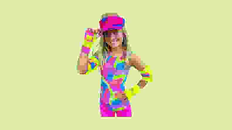 A child modeling the rollerskating Barbie costume.