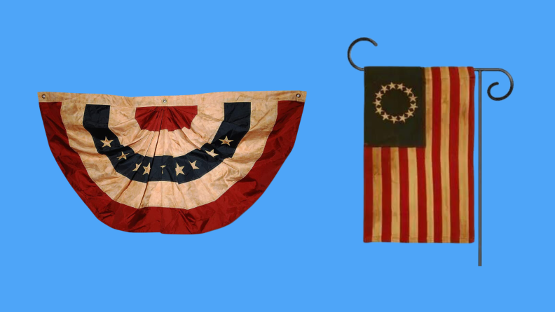 Two vintage looking flags against a blue background.