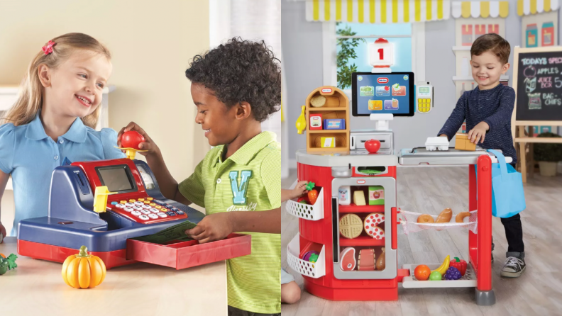 Children play with toy cash registers and grocery store checkout setups.
