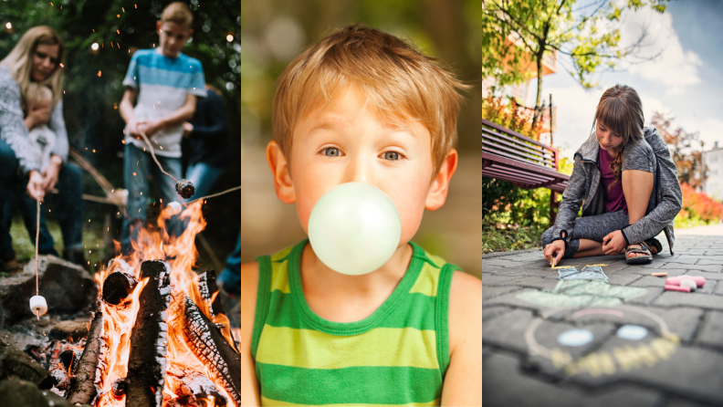 (Left) A family roasts marshmallows for s’mores over a fire.(Center) A child blows a bubble with gum. (Right) A young child draws with chalk on a sidewalk.