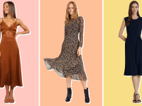 Three Macy's Best Dresses featuring women wearing a brown, floral-printed, and black dress.