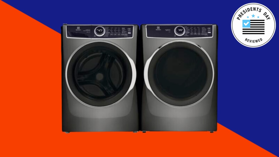 A washer and dryer set appear on a red and blue background.