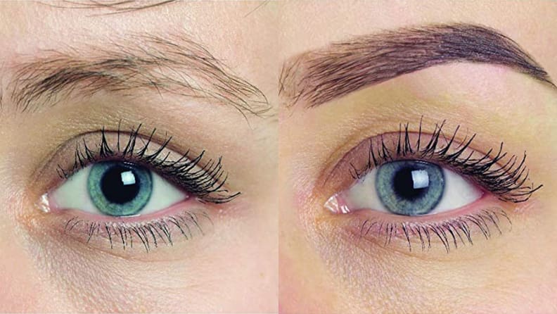 A woman before and after using the Godefroy Instant Eyebrow Color.