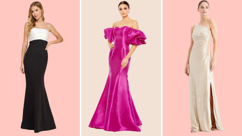 Collage of three prom dresses sold at Macy's.