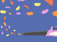 An illustration of a leaf blower blowing leaves away.