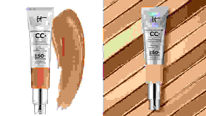 A split image of the It Cosmetics CC+ Cream with SPF 50+, with pigments that match it.