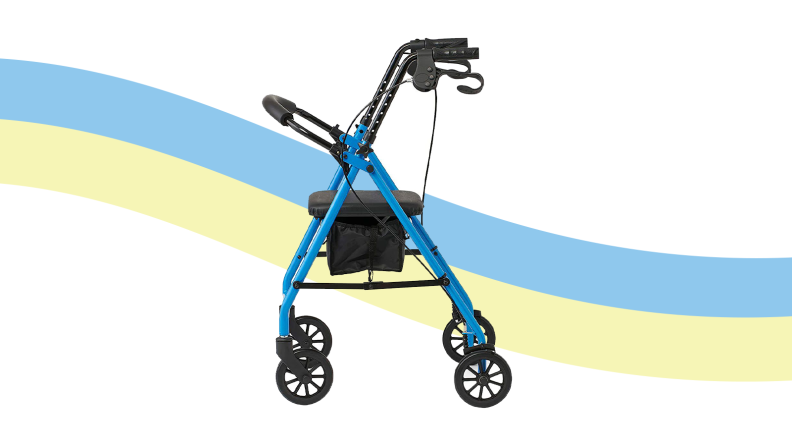 Medline Mobility Lightweight Folding Aluminum Rollator Walker on a rainbow background