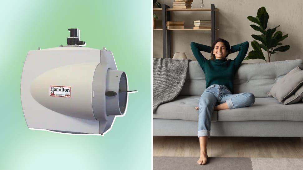 On left, product shot of the Hamilton Whole House Furnace Mount Flow Through Humidifier. On right, person resting on couch with arms folded behind head inside of home.