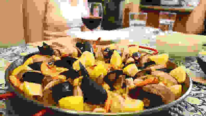 Large, finished pan of paella.
