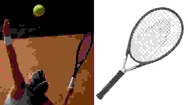 A woman serving a tennis ball and an image of the Head Ti.S6 tennis racket