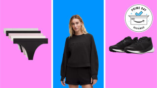 Lululemon sale picks on a pink and blue background