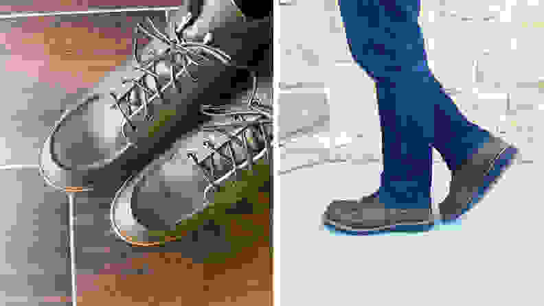 Detail shot of a pair of green leather boots, and a shot of the author wearing the same boots.