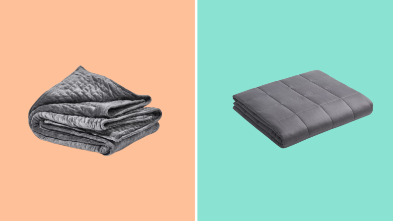 Two folded weighted blankets against teal and peach backgrounds