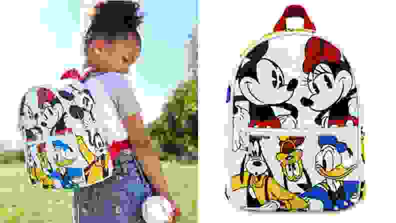 A child in a Disney-themed backpack