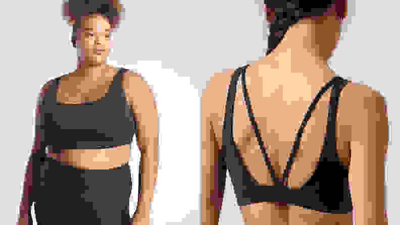 A woman wearing the Athleta Exhale bra.