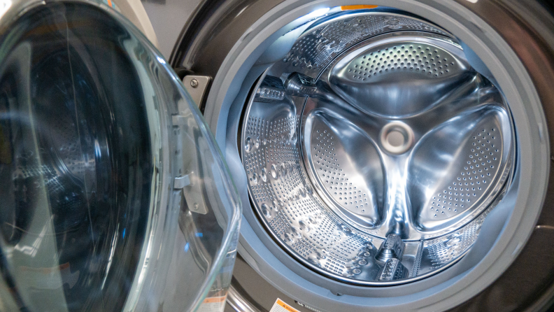 The interior of the huge drum of the LG WM6700HBA front-load washing machine.