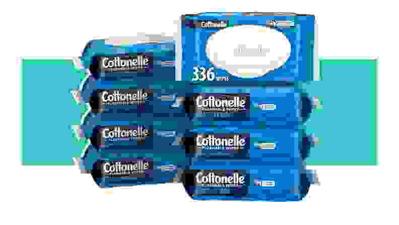 An 8-pack of Cottonelle Fresh Feel Flushable Wet Wipes in front of a background.