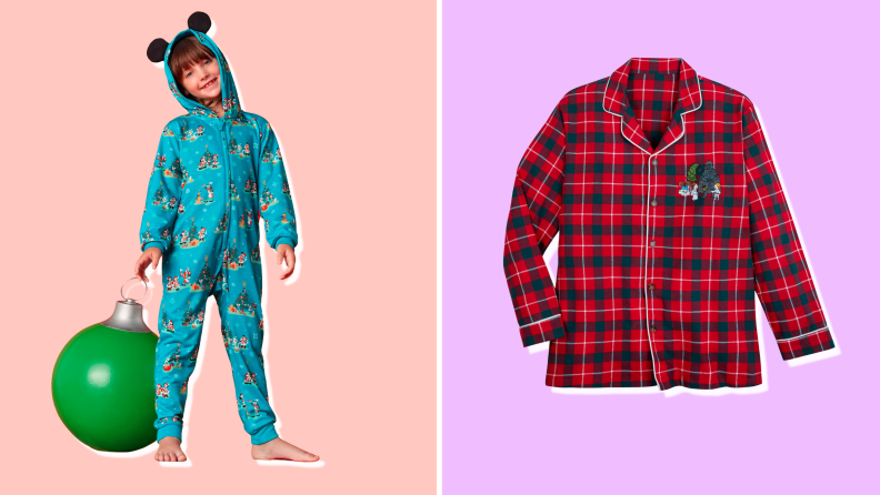 A child clad in a blue one-piece pajama with a hood with Mickey ears, placed next to a red windowpane plaid pajamas shirt with cartoon Star Wars characters iin the pocket area.