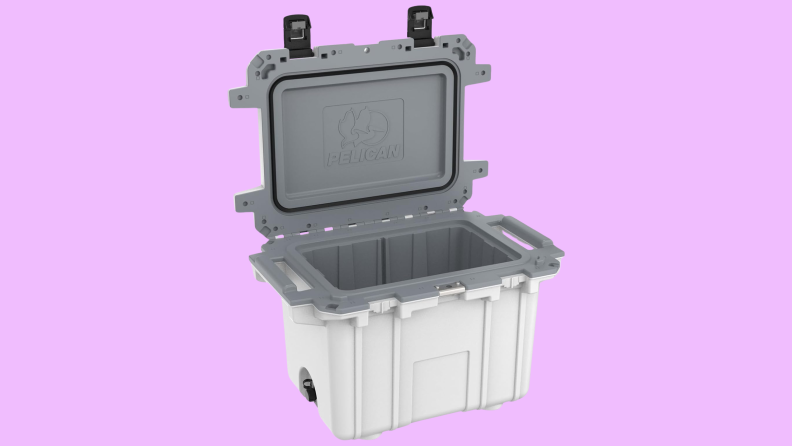 A white Pelican cooler is shown open.