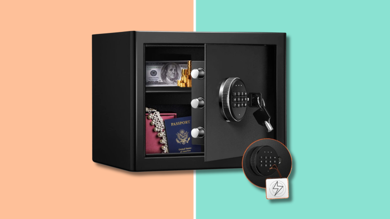 The Wasjoye Cabinet Security Safe Box on an orange and teal background.