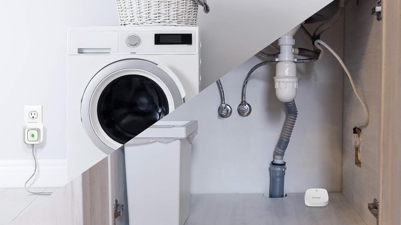 Split image of a white washing machine and a D-Link Whole Home Smart Wi-Fi Water Leak Sensor Starter Kit underneath a sink.