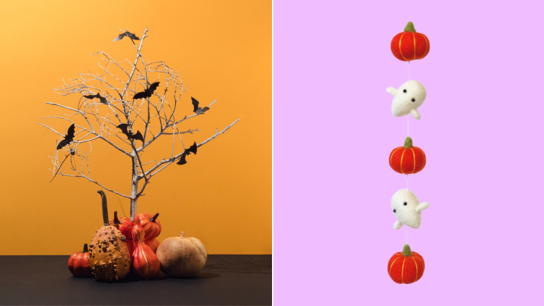 A split image of a decked-out Halloween tree and a string of mini ghost garlands from Etsy.