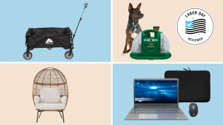 An Ozark Trail wagon, a Bissell vacuum, a Better Homes & Gardens chair, a Gateway laptop.