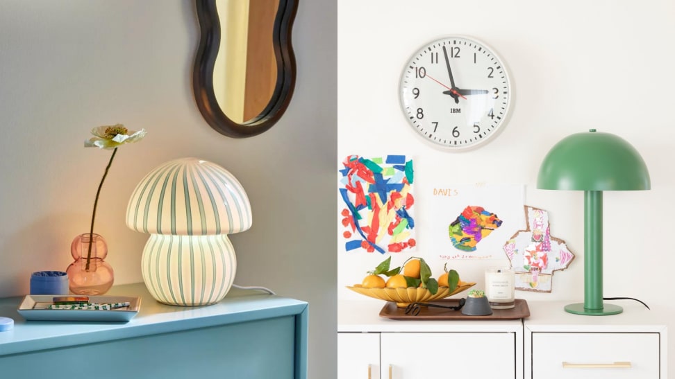 On the left, a glass lamp on a blue dresser. On the right a green lamp on a white dresser.