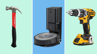 hammer, robot vacuum, yellow electric screwdriver