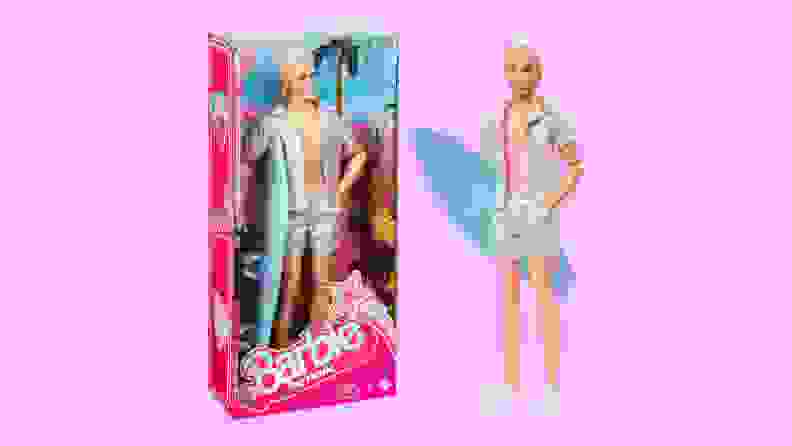 A Ken doll in an opened button shirt and shorts, holding a blue surfboard next to another version of himself in a package.