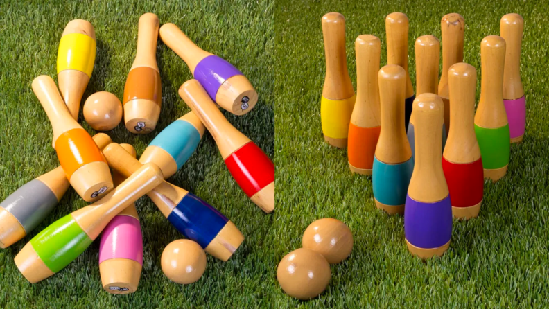 Bowling pins sit on a lawn.