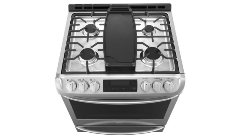 A top-down look at the LG lssg3017st gas range cooktop, which includes four standard burners, and a center oval-shaped burner covered by a cast-iron griddle(not included).