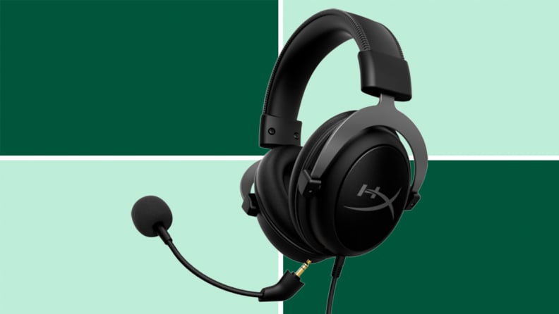An image of a black and gunmetal gray pair of HyperX's Cloud II headphones, with the microphone extending away from the headphones.