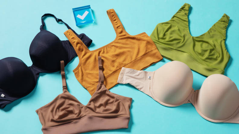 assorted bras on blue background