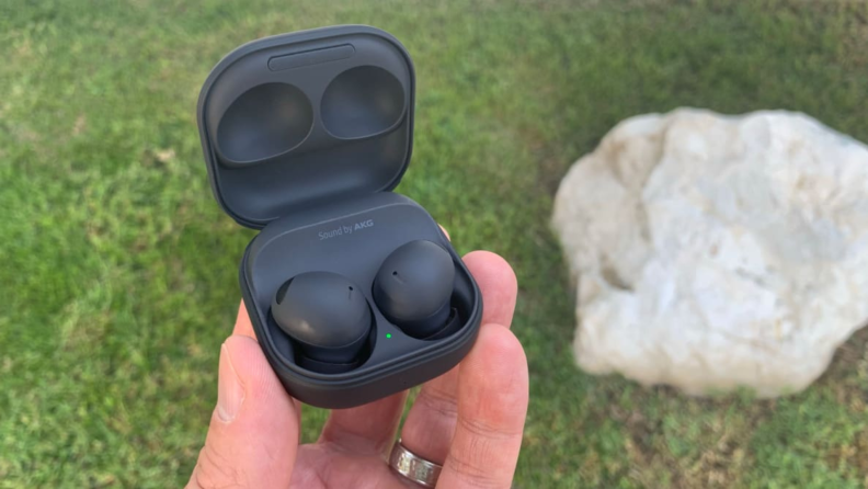 A hand holding the Samsung Galaxy Buds 2 Pro in their open charging case above some grass with a white rock in the background.