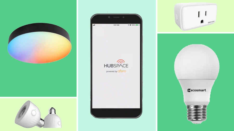 A collage of several different smart home products, including a smart lightbulb, a smart plug, an overhead smart lamp, and outdoor smart lightbulbs surrounding a phone with the Hubspace app on the home screen.