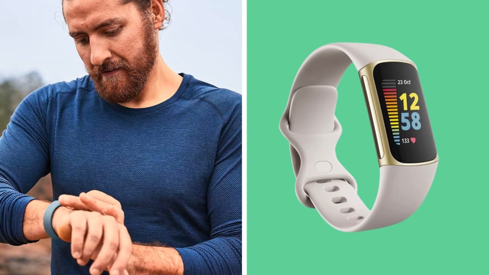 Fitbit Charge 5 Advanced Health & Fitness Tracker with heart rate displayed on screen.