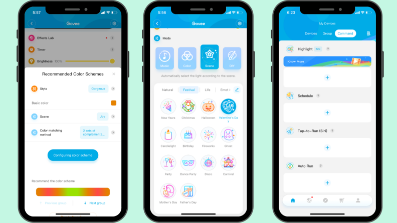 Screenshots from the Govee app of how to control the Govee Neon Rope Lights