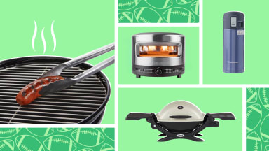 Grill, water bottle, and pizza oven on a green football-themed background.