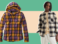 Yellow and purple flannel hoodie and person wearing flannel outfit