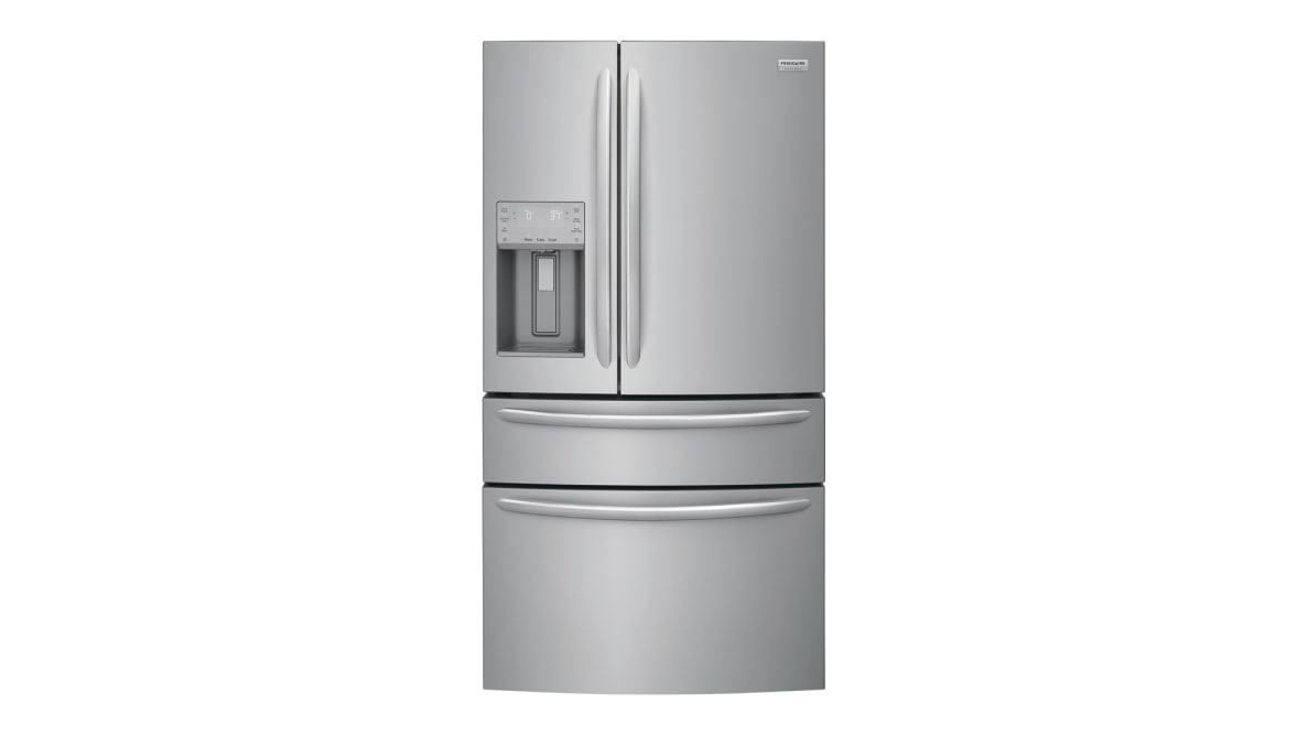 The stainless steel Frigidaire FG4H2272UF French-door fridge with in-door ice machine, set on a white background.