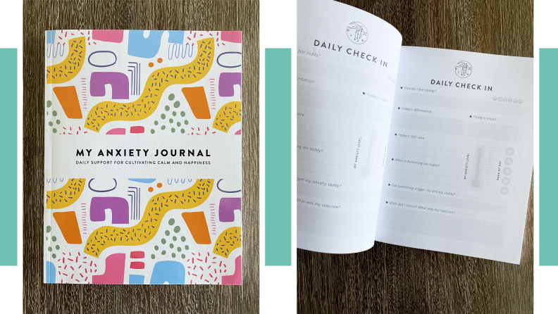 Photos of the cover and blank inside pages of My Anxiety Journal: Daily Support for Cultivating Calm and Happiness.