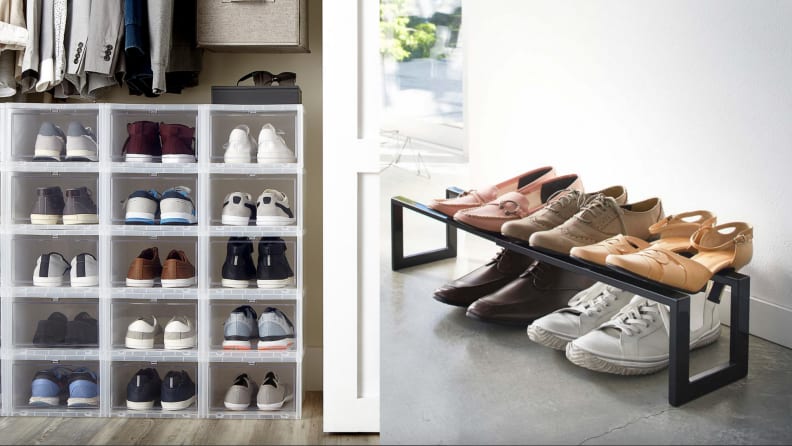 On right, square shoe organizer on closet floor. On right, double rack shoe organizer.