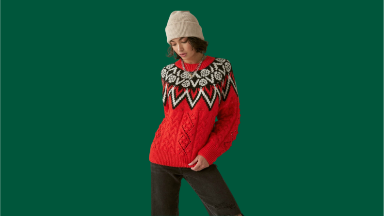 Collage of a woman wearing a red fair-isle sweater.