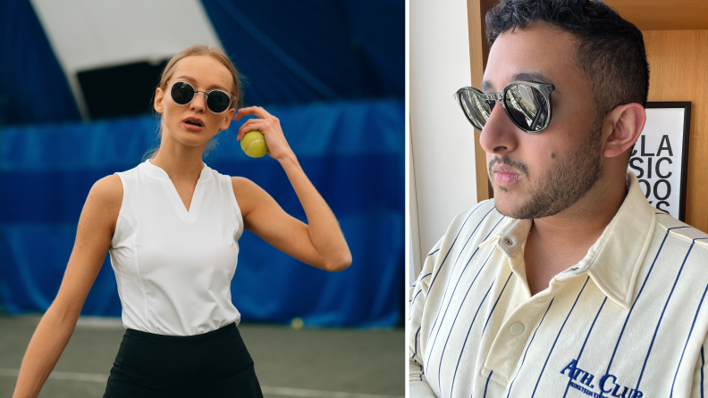 A model on the left wears FlyFrames as she plays tennis. On the right is the author wearing a pair of FlyFrames that are slipping off of his nose.