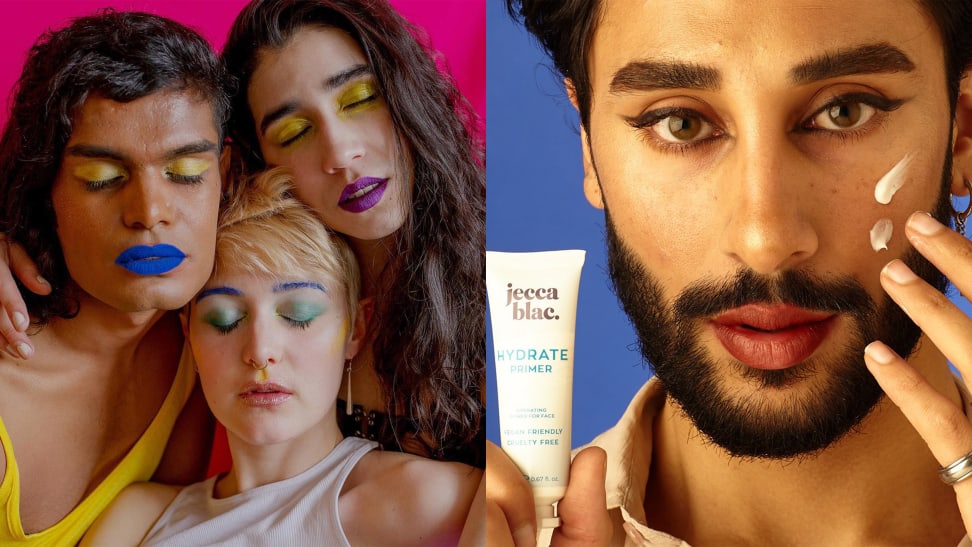 A group of three queer people with their heads touching and eyes closed wearing colorful clothes and makeup in front of a pink background, next to a person with a full beard and gorgeous winged eyeliner putting on face cream in front of a blue background