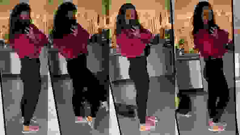 Four comparison photos of a woman wearing two pairs of joggers, one in size 8 and one in size 4