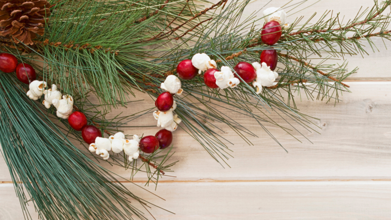Threaded garland for a Christmas tree made of cranberries and popcorn.
