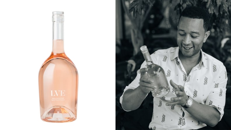 Left: A bottle of rosé wine is displayed against a white backdrop. Right: Singer-songwriter John Legend is photographed holding a bottle of the rosé.